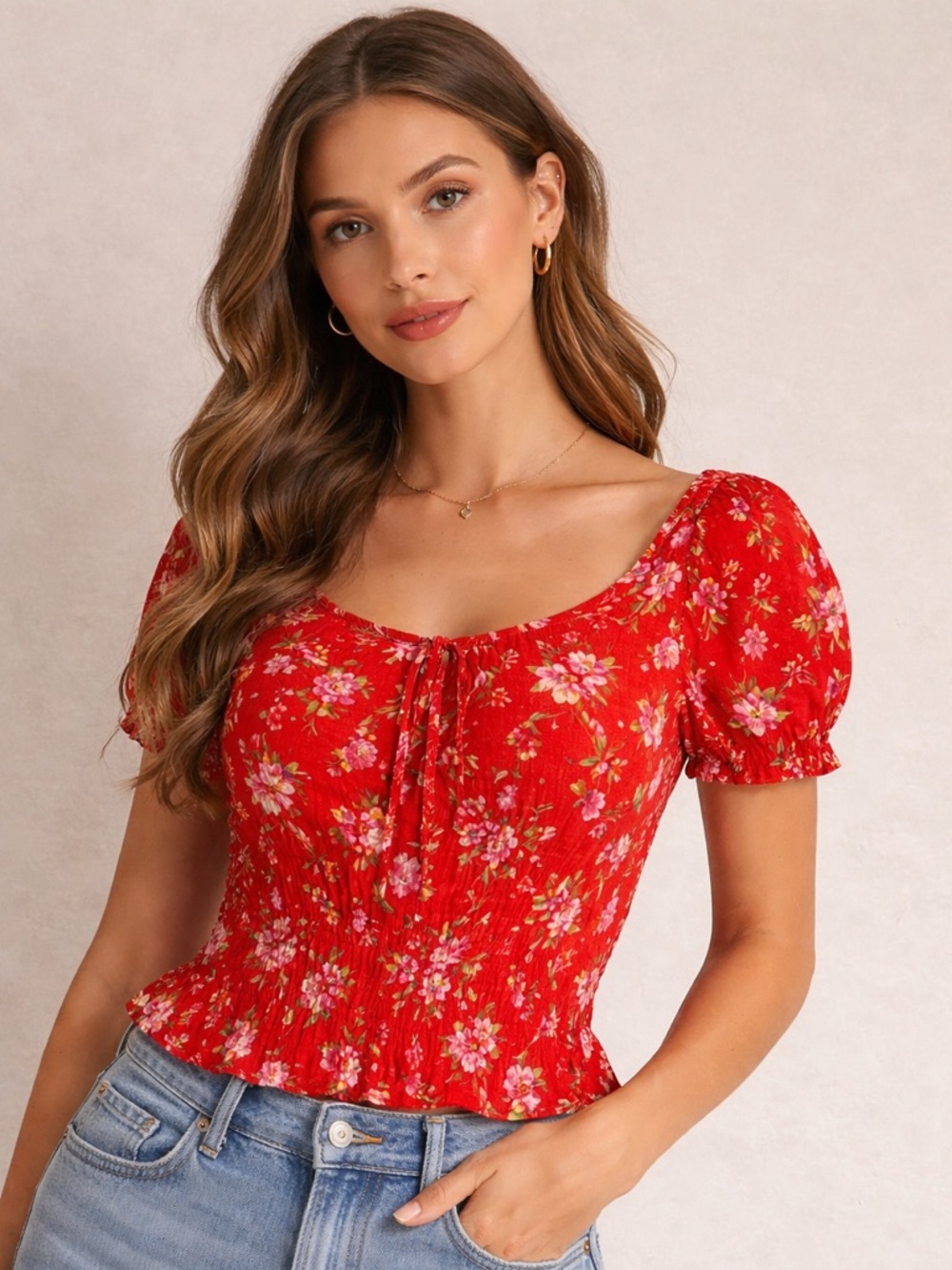 American Eagle Red Floral Short-Sleeve Peasant Top Cap Sleeve Cinch Style
